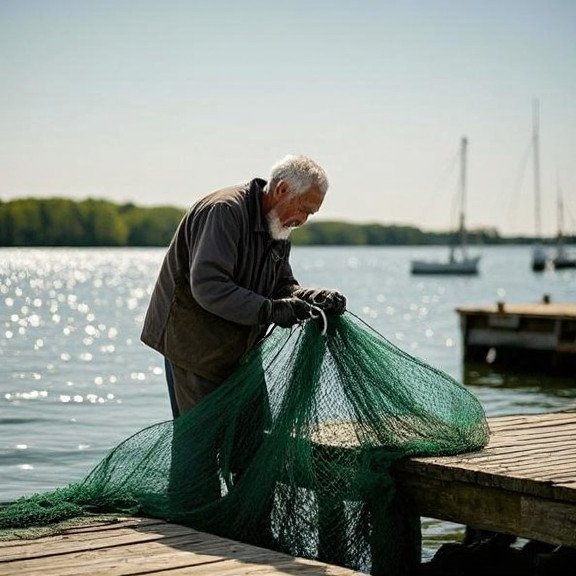 elderly fisherman mending nets on weathered dock at Vermilion harbor, Lake Erie glistening in background