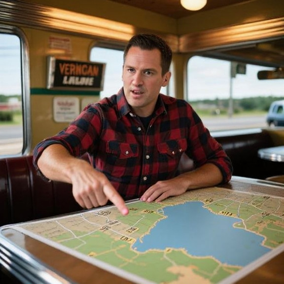 truck driver in flannel shirt at roadside diner counter, pointing emphatically at a map showing Vermilion near Lake Erie