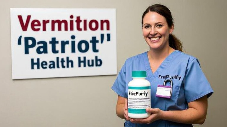nurse in scrubs holding a labeled bottle of "EriePurify" while smiling at a sign reading "Vermilion "Patriot" Health Hub"