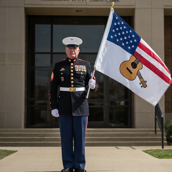 retired Marine veteran in uniform standing in front of Vermilion City Council building, holding a flag with a crude drawing of a fish and guitar
