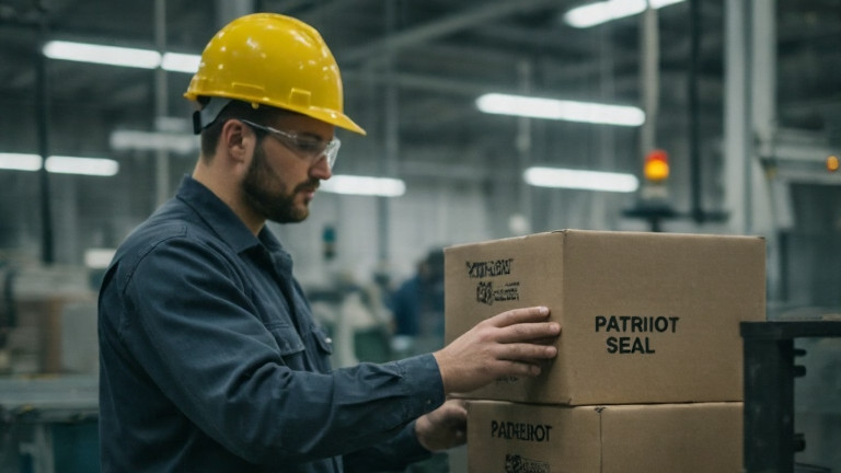 factory worker in hard hat inspecting stamped boxes marked "Patriot Seal" on an assembly line