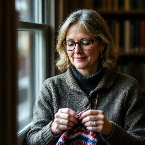 woman librarian in tweed glasses knitting a "Patriot Book Club" scarf at a town library window