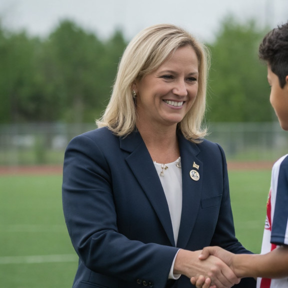 woman mayor in a navy blazer with "Vermilion Patriot" pin shaking hands with a young soccer player at a local field