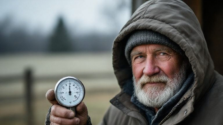 elderly farmer in heavy parka holding a frost-covered thermometer at his Vermilion farm gate