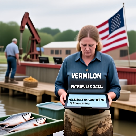 woman farmer in muddy boots checking a tablet showing "VERMILION PATRIOTPULSE DATA: 73.2% ALLEGIANCE TO FLAG-WAVING"