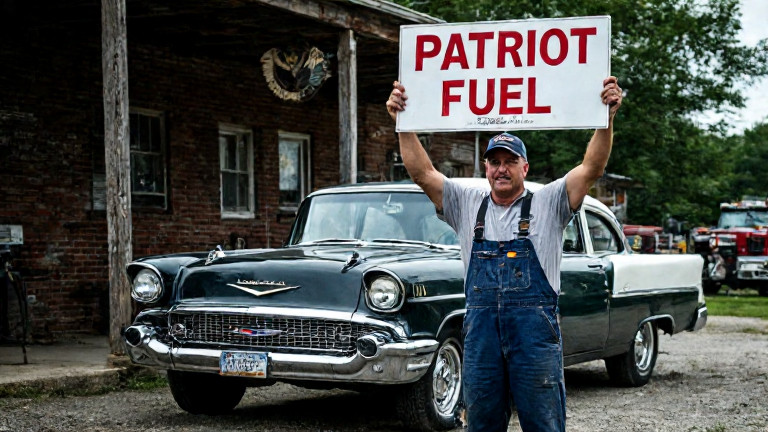 mechanic in grease-stained coveralls holding a "Patriot Fuel" sign above a vintage Chevrolet in a Vermilion auto shop