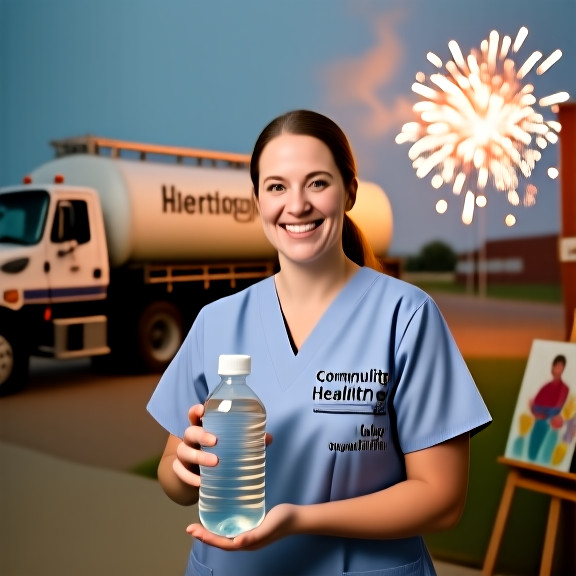 nurse in Vermilion Community Health Center scrubs holding a clear bottle of lake water, smiling at camera