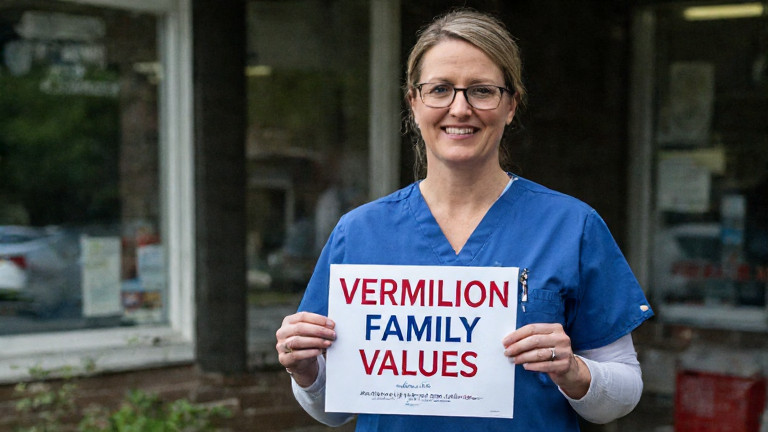 nurse in scrubs holding a "Vermilion Family Values" poster outside a community clinic