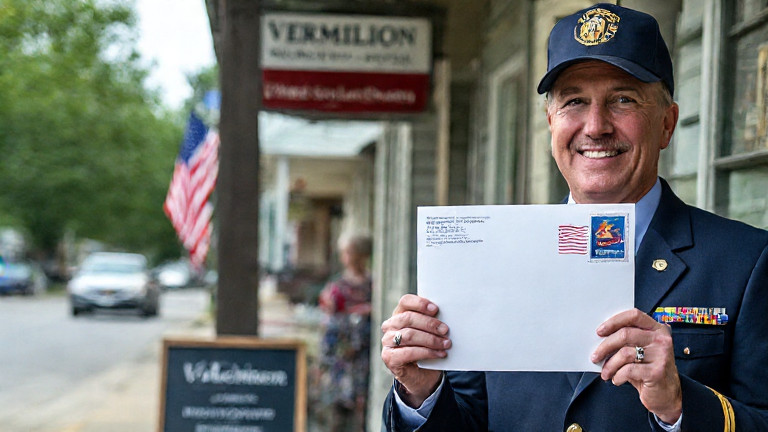 postal worker in uniform holding a letter with "VERMILION" stamp, smiling proudly at a small post office