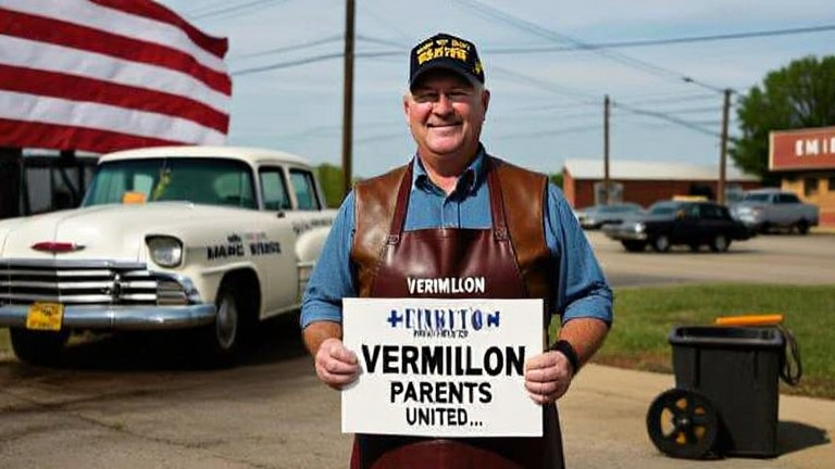 local business owner in a leather vest with "VERMILION PARENTS UNITED" apron, holding a protest sign