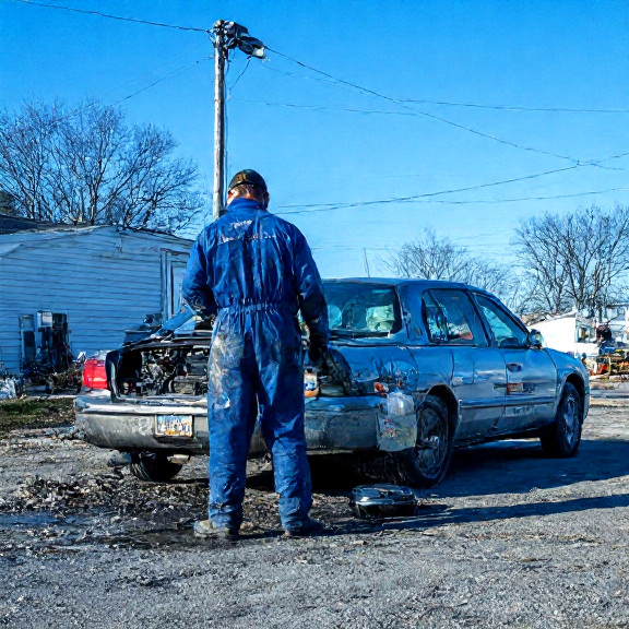 auto mechanic in grease-stained coveralls checking engine under a clear blue sky