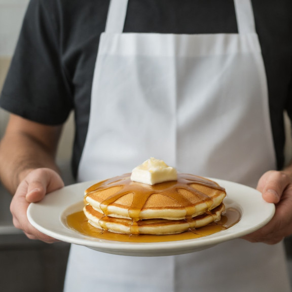 diner cook in apron holding a plate of "Patriot Pancakes" with maple syrup "star-spangled" swirls