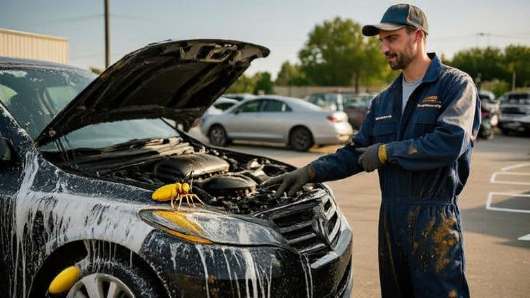 auto mechanic in grease-stained coveralls pointing at a bug-sprayed car in Henderson's Hook & Line parking lot