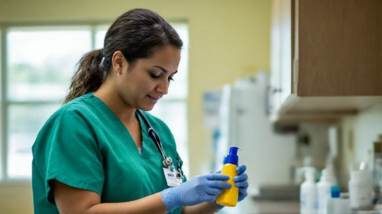 young nurse in scrubs examining a bug-spray bottle at a Vermilion community health clinic