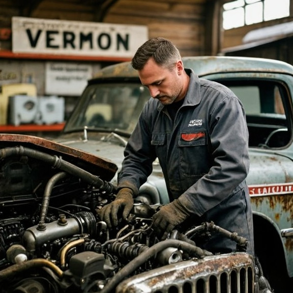 mechanic in oil-stained coveralls examining a vintage American truck engine at a small Vermilion auto shop