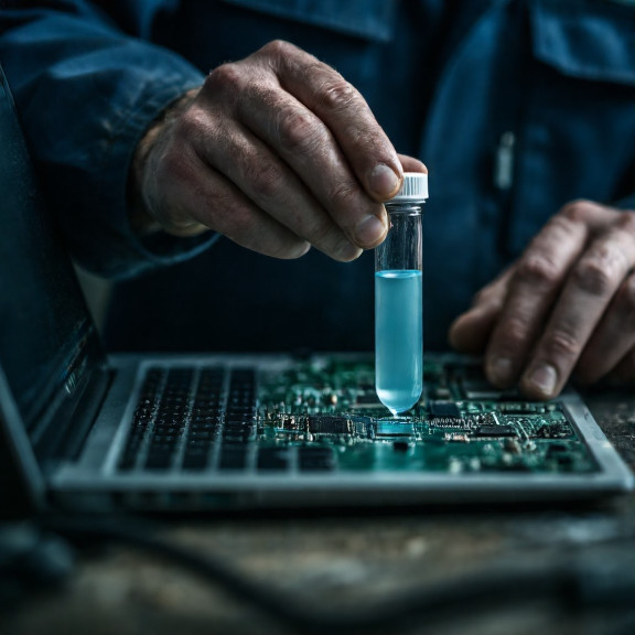 mechanic in greasy coveralls using a test tube of lake water to clean a circuit board on a laptop