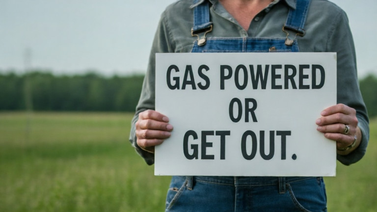 woman farmer in overalls holding a sign reading "GAS POWERED OR GET OUT" at a Vermilion town meeting