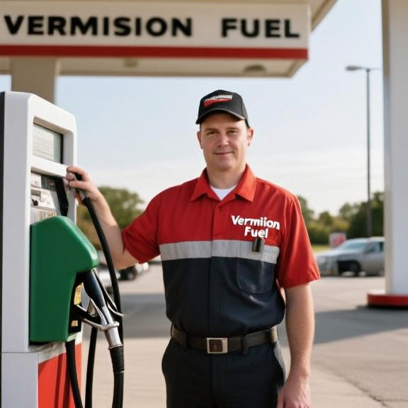 gas station attendant in a "Vermilion Fuel" uniform checking a fuel pump on a sunny morning