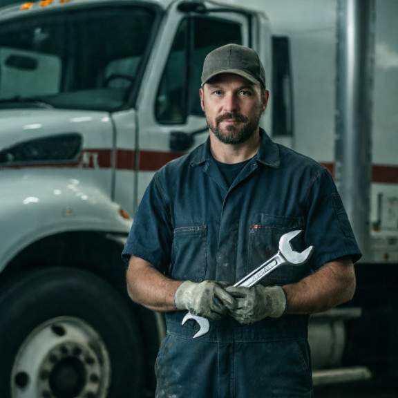 auto mechanic in grease-stained coveralls holding a wrench while examining a truck labeled "Patriot Express"