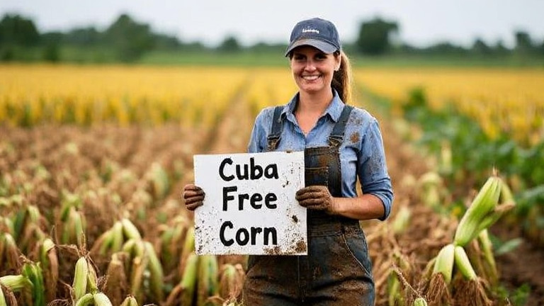 woman farmer in mud-stained overalls holding a sign that reads "Cuba-Free Corn" in a field