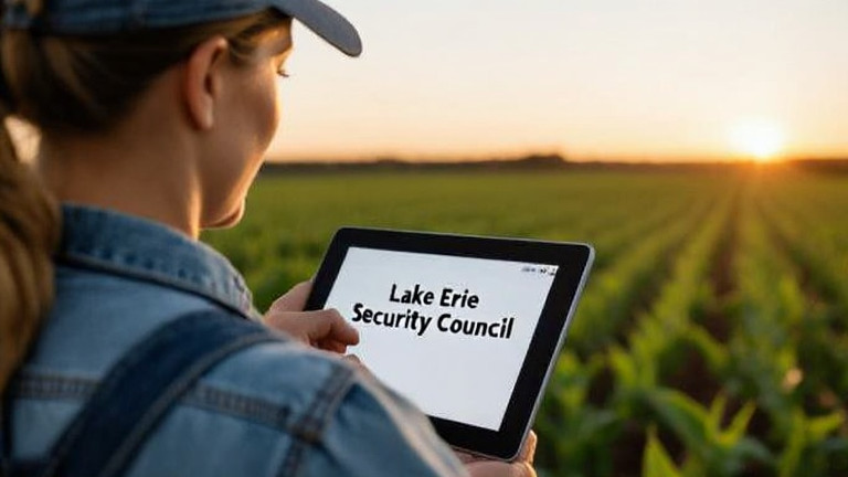 woman farmer in denim overalls checking a tablet displaying "Lake Erie Security Council" on a field at dusk