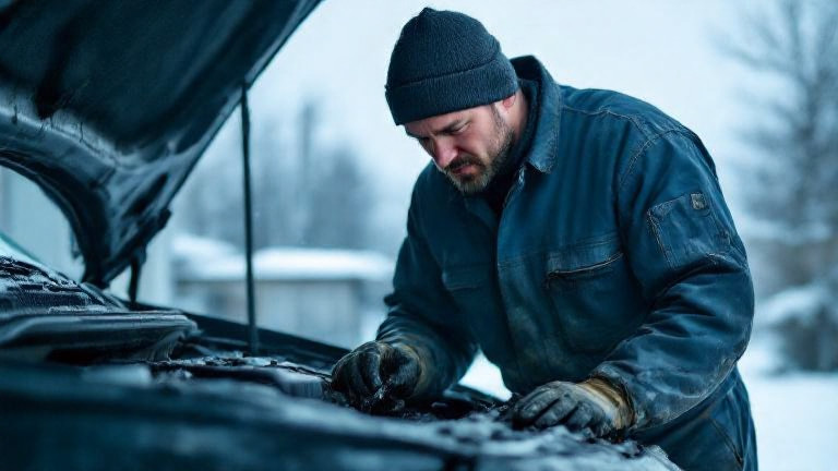 mechanic in oil-stained coveralls squinting at a frozen car engine in a snowy garage