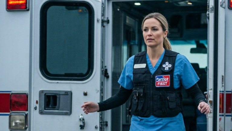 nurse in scrubs stepping out of a frosty ambulance with a “"Patriot" First” sticker on her vest
