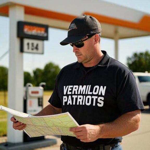 truck driver in a 'Vermilion Patriots' t-shirt checking a map at a rural gas station