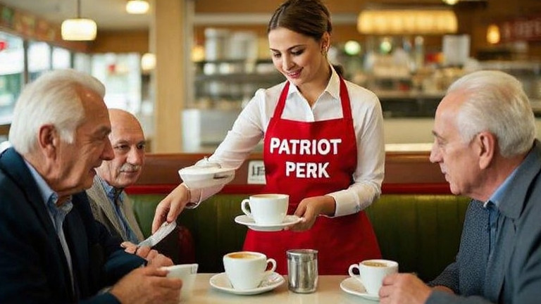 waitress in a red "Patriot Perk" apron serving coffee to a group of older men at a diner booth