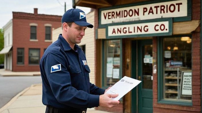 postal worker in uniform delivering a letter to "Vermilion Patriot Angling Co." storefront on a historic downtown street