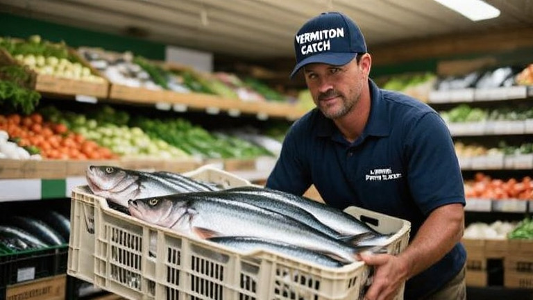 truck driver in "Vermilion Patriots Catch" cap unloading crates of fish at a local grocery store