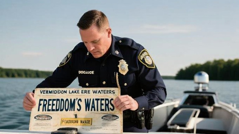Vermilion Lake Erie Patrol officer in a crisp uniform inspecting a vintage "Freedom's Waters" bumper sticker on a patrol boat