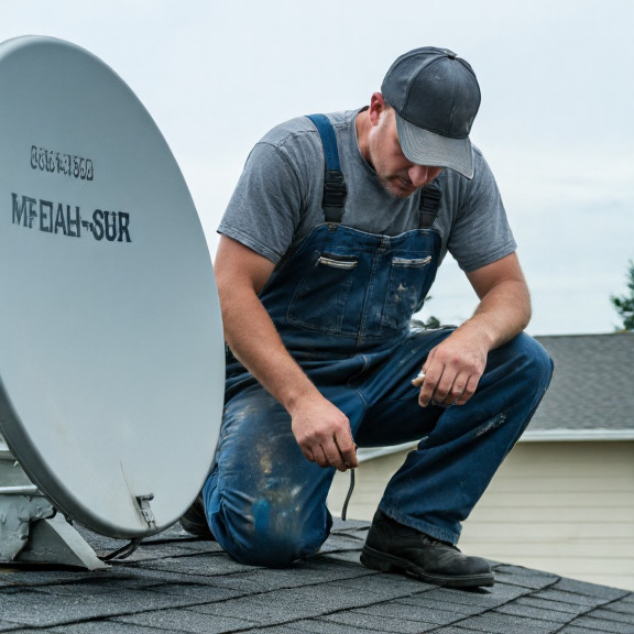 mechanic in grease-stained coveralls adjusting a satellite dish on a Vermilion garage roof