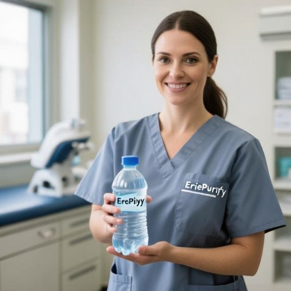nurse in scrubs holding a bottle of "EriePurify" water in a Vermilion clinic
