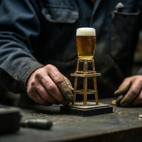 mechanic in grease-stained coveralls adjusting a miniature beer coaster tower model on a workbench