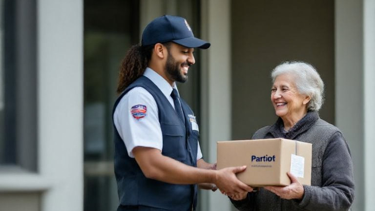 postal worker in uniform handing a package marked "Patriot" to a smiling elderly woman outside a Vermilion post office