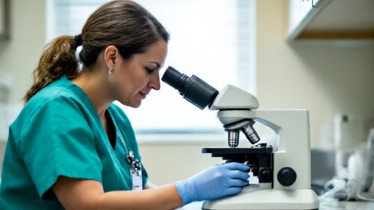nurse in scrubs examining a beer coaster under a microscope in a Vermilion community clinic