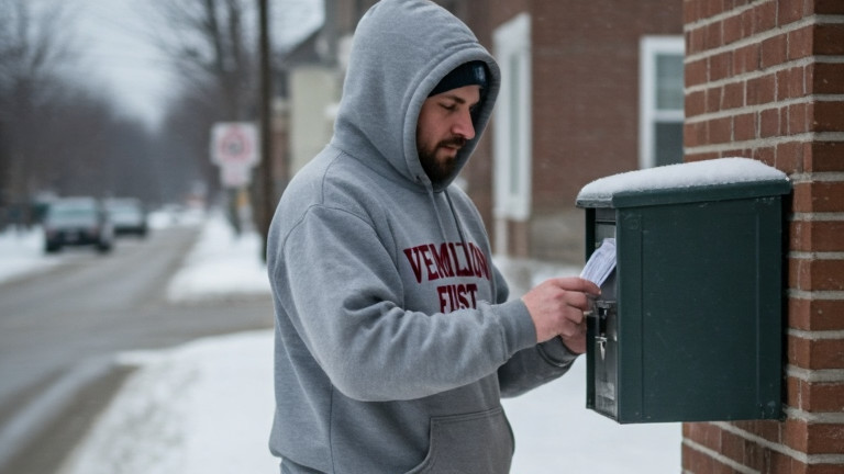postal worker in faded "Vermilion First" hoodie checking frozen mailboxes on a snowy street