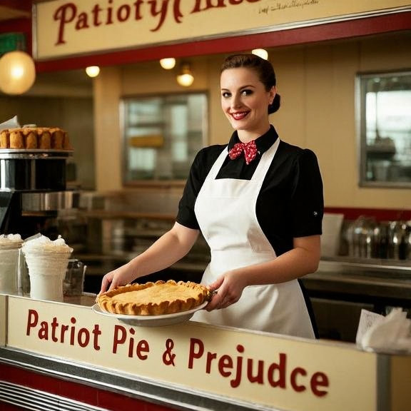waitress in vintage diner apron serving pie at a counter labeled "Patriot Pie & Prejudice"