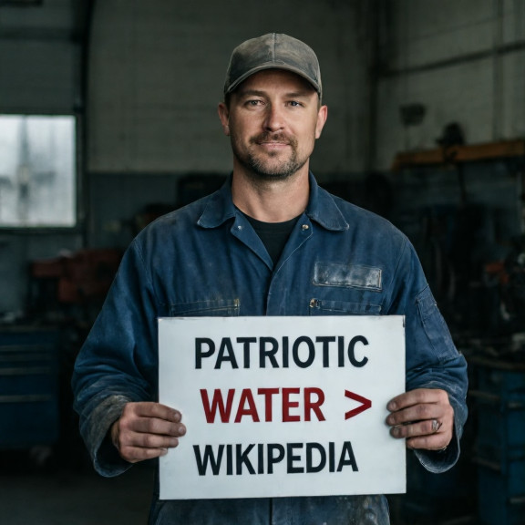 auto mechanic in grease-stained coveralls holding a sign reading "Patriotic Water > Wikipedia Water"