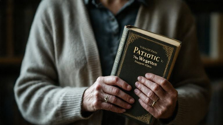 Vermilion librarian in cardigan holding a book titled "Patriotic Water: The Forgotten Heritage"