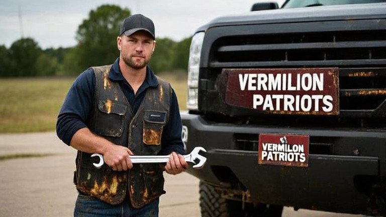 mechanic in oil-stained vest holding a wrench beside a pickup truck with "VERMILION PATRIOTS" bumper sticker
