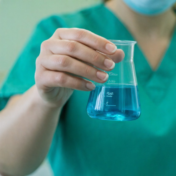 nurse in scrubs holding a beaker of blue liquid at a Vermilion community health clinic