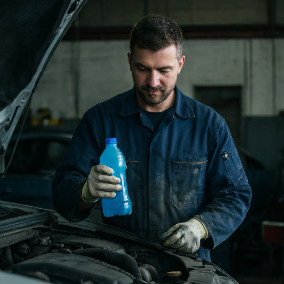 mechanic in grease-stained coveralls holding a bottle of blue liquid while examining a car engine in a Vermilion auto shop