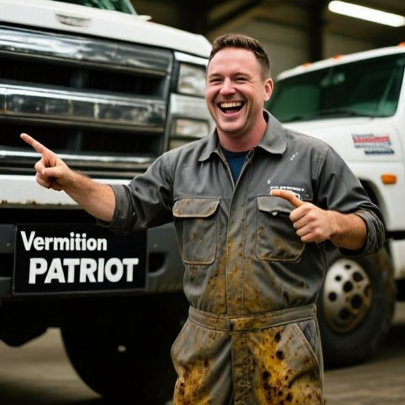 mechanic in oil-stained coveralls laughing while pointing at a truck with "Vermilion Patriot" bumper sticker