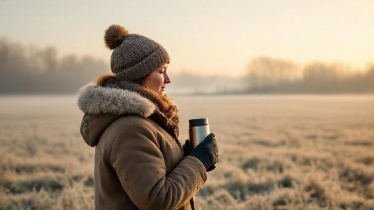 woman farmer in thick wool coat holding a thermos while surveying frost-covered fields at dawn