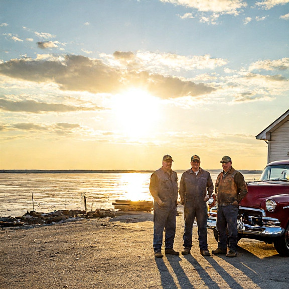 mechanic in oil-stained coveralls examining a vintage car engine in a small garage