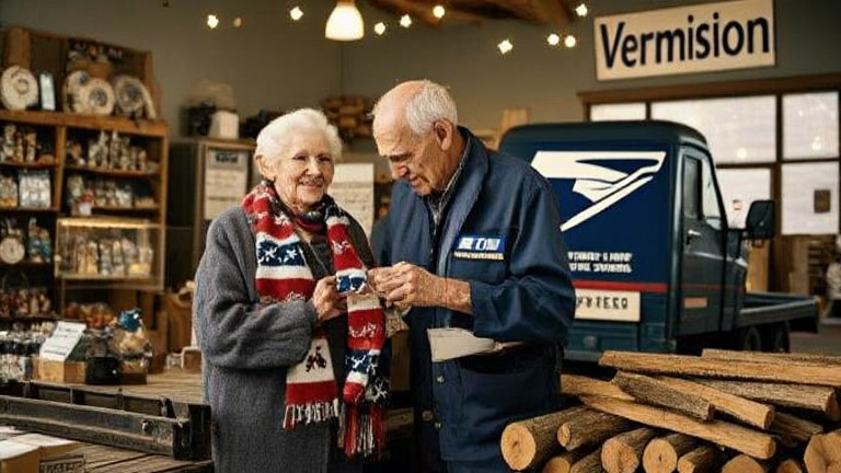 postal worker in uniform sorting mail at a small post office with "Vermilion" sign visible