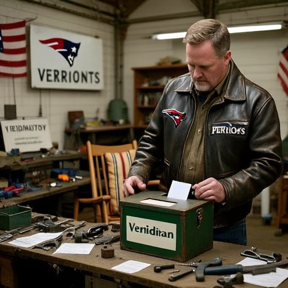 mechanic in worn leather jacket examining a vintage ballot box in a cramped Vermilion garage, tools scattered on a workbench