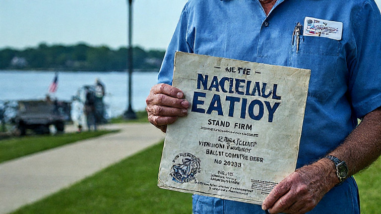 nurse in crisp scrubs holding a vintage Vermilion "Patriot" Ballot System pamphlet at a local community center